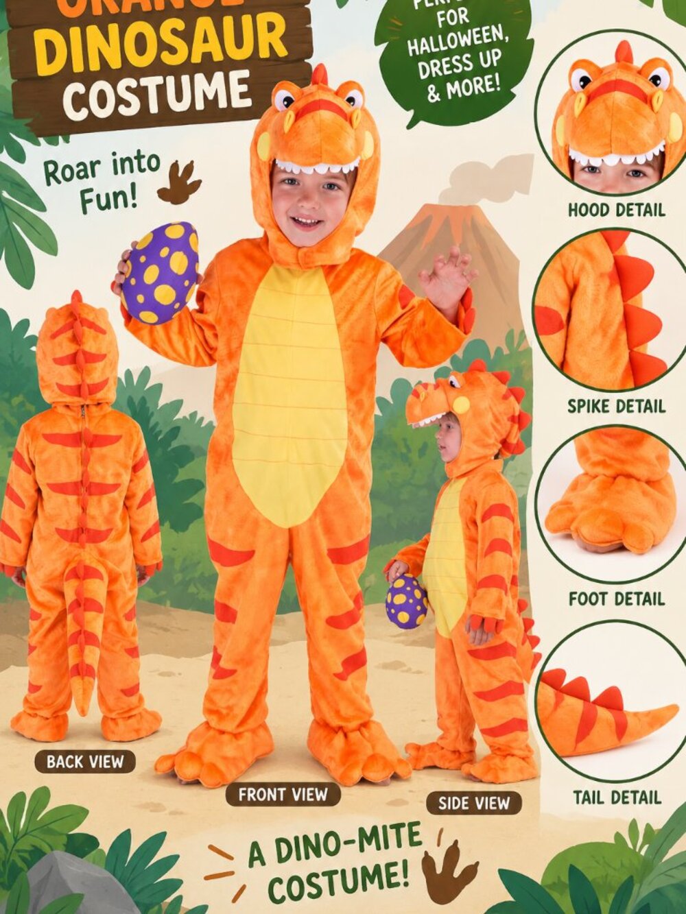 Kids Orange Dinosaur Halloween Costume Plush Jumpsuit Hood Tail Size 3T